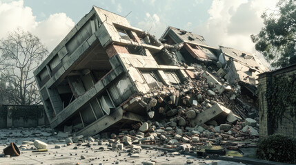 Fototapeta premium Collapsed Building: A stark image of a collapsed building, its structure reduced to rubble after a devastating earthquake or natural disaster.