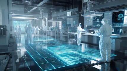 Scientists in protective suits research in a futuristic lab with a digital floor interface, showcasing high-tech advancements