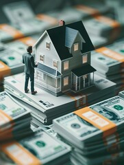 Businessman Examining House Model Amidst Stacks of Dollar Bills for Homeownership Investment
