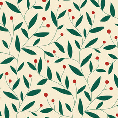 Seamless botanical Christmas pattern of green branches with leaves and red berries on beige background. Winter festive floral background.