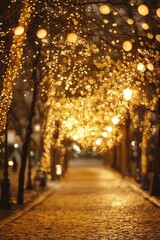 Soft bokeh street view with sparkling gold lights