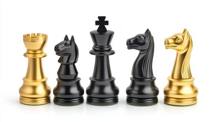 3D Gold & Black Chess Pieces Isolated on White Background - High-Quality Stock Image