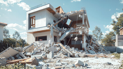 Demolished modern house: The image captures the aftermath of a catastrophic event, a modern house now reduced to rubble under the vast blue sky. A powerful image of destruction, loss.