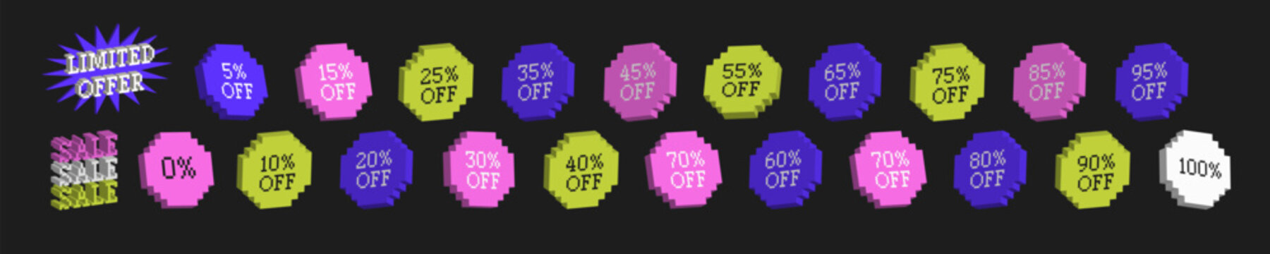 Set of Pixel Sale Stickers. Limited offer Y2k trendy style. Labelling for discount. Colorful signs with percent discount on isolated background. Promo Special offers, Futuristic offer badge, Neon