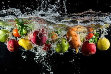 Many fruits and vegetables falling into water against black background with generative ai
