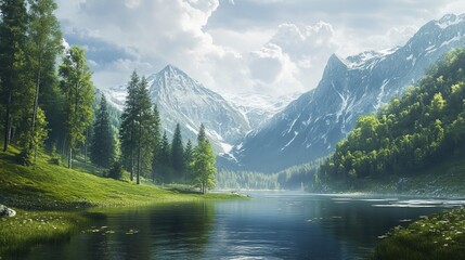 Fototapeta premium Realistic nature landscape trees, river, mountains, clouds with detailed textures and depth