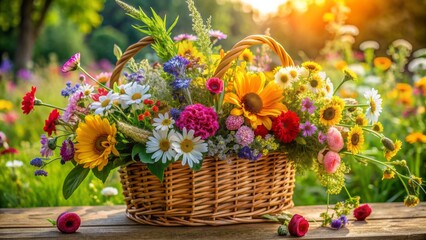 Vibrant bouquet of freshly cut flowers arranged in a wicker basket, surrounded by lush greenery, blooming wildflowers, and rustic garden decor elements.