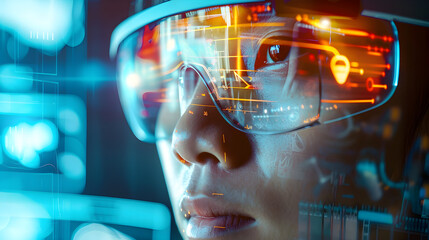 A person wearing smart glasses, looking at augmented reality display, futuristic technology concept.