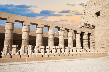 Beautiful view of ram sculptures in ancient Karnak Temple in Luxor, Egypt