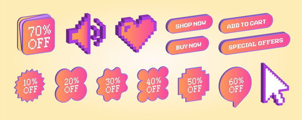 Set of sale Buttons and icons. Y2k trendy stickers. Discount 20 off. Colorful isolated labeling. Special offers, big promo stickers. Modern futuristic style, pixel art, badge set vibrant. Marketing