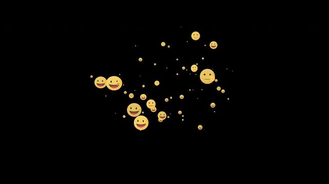 An animation of a smiling emoji from social media exploding, isolated on a black background.

