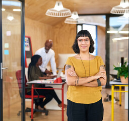 Portrait, confidence and business woman in office for career, coworking or pride. Glasses, arms...