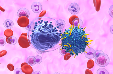 CAR T cell therapy in Acute myeloid leukaemia (AML) - closeup view 3d illustration