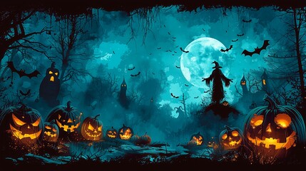Colorful halloween night with pumpkins, bats, and a spooky scarecrow under a full moon, copy space for text