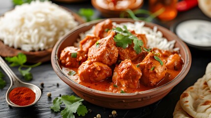 Fototapeta premium Chicken tikka masala spicy curry meat food in a clay