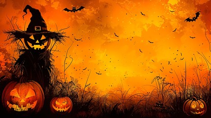 Spooky halloween landscape featuring jack-o'-lanterns and a witch's hat at dusk, copy space for text