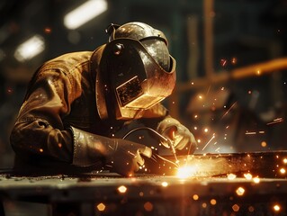 Skilled Tradesperson Welding Metal Components with Sparks Flying on Workbench in Warm Tones and Gritty Realism