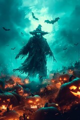 Mysterious scarecrow surrounded by glowing pumpkins under a full moon night sky, copy space for text