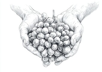 The hands of a winemaker with a bunch of grapes on a white background. This could be an engraving or drawing.