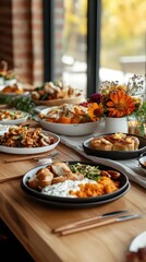 Obraz premium Harvest table, vibrant colors, delicious dishes, cozy setting, inviting
