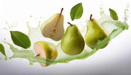 Crisp pear slices captured in mid-air against a white background, highlighting their fresh, delicate green textures.