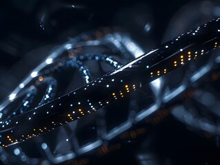DNA strand spinning over dark background in futuristic