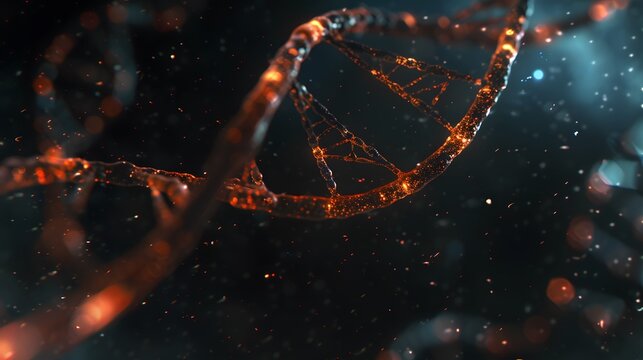 DNA strand spinning over dark background in futuristic