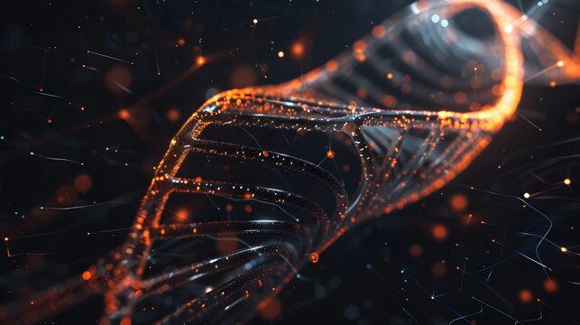 DNA strand spinning over dark background in futuristic