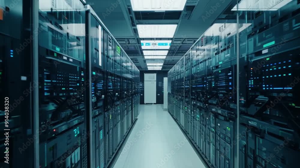 Poster rows of server racks and network devices in a well-lit data center are lined up, showcasing advanced
