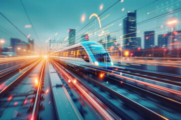 Fototapeta premium High speed train traveling through futuristic city with augmented reality data. Concept of smart transportation with digital railway