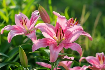 Fototapeta premium Pink lilies in full bloom within a verdant green meadow, showcasing the splendor of nature in spring