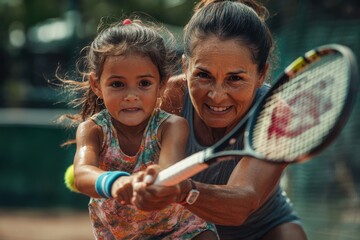 An engaged grandmother and her granddaughter hold a tennis racket and focus on playing the game together, demonstrating intergenerational bonding and active lifestyles.