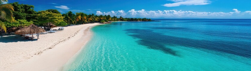 A serene beach scene with crystal clear water and lush greenery.
