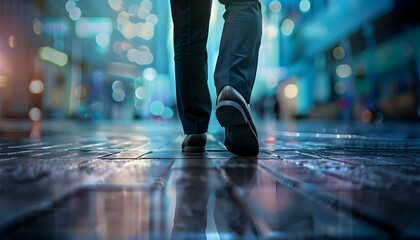 Fototapeta premium A person walking on the rainy city street at night with reflections on the wet asphalt and blurred