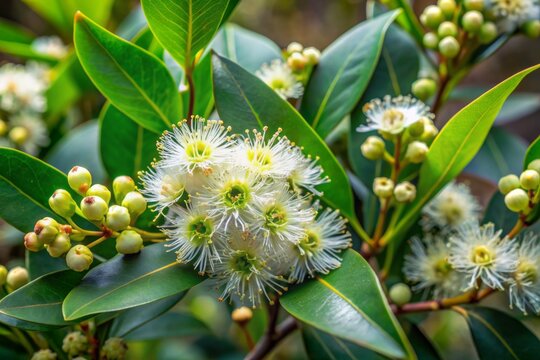 Vibrant green leaves and small white flowers of Syzygium australe tree, also known as watergum or creek satinash, grows in a lush Australian bushland setting.