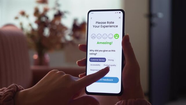 Leaving positive customer feedback. Good customer experience and nice performance. Customer satisfaction concept. Fictional Interface.