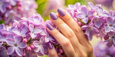 Fototapeta premium Elegant hand with trendy lilac nail polish gently touching light purple spring flower petals, evoking romantic atmosphere and sophistication, ideal for cosmetic advertising.