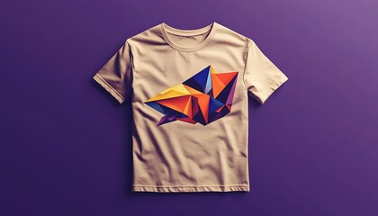 Unique origami design on a beige T-shirt, purple background.