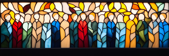 Colorful stained glass window with abstract figures symbolizing unity and diversity, ideal for religious or festive themes