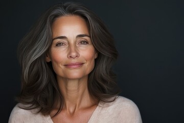 A serene elder woman with dark hair and a neutral expression emanates grace and wisdom, standing against a dark backdrop, representing timeless beauty and maturity.