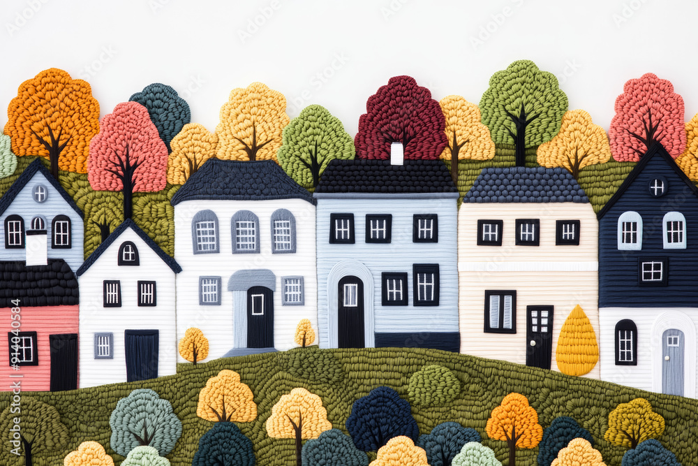 Wall mural Colorful autumn tapestry artwork depicting a row of houses and trees, celebrating the cozy, festive spirit of fall