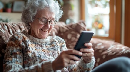 Senior woman embracing digital age comfortably in home environment with various tech gadgets
