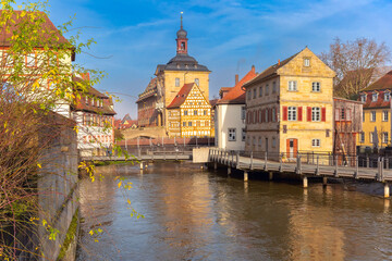 View of Bamberg Old Town Hall and surrounding buildings along the Regnitz River in Bamberg, German
