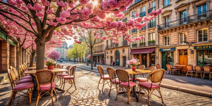 Vibrant cherry blossoms frame a charming, centuries-old Parisian cafe on a serene spring morning, with antique chairs and tables set amidst historic buildings.