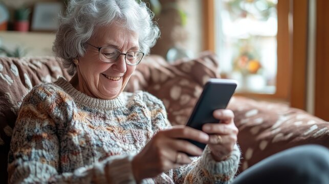 Senior woman embracing digital age comfortably in home environment with various tech gadgets