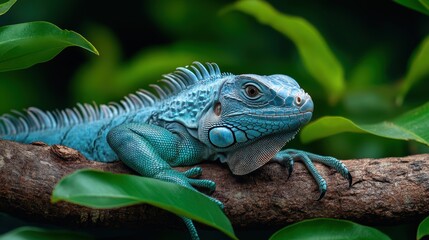 Obraz premium Vibrant Blue Iguana Resting on a Tree Branch Surrounded by Lush Green Foliage in a Tropical Forest Setting
