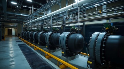Series of industrial pumps operating inside a water treatment facility. The pumps are responsible for moving large volumes of water through the plant