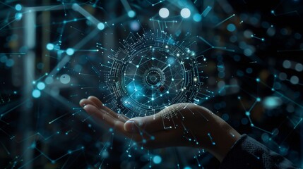 Confident businessman holding global network hologram in futuristic office setting. Blue abstract background emphasizes digital communication and technology