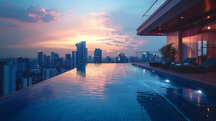 Obraz premium Elegant Rooftop Pool at Luxury Hotel with Panoramic City Skyline View at Sunset