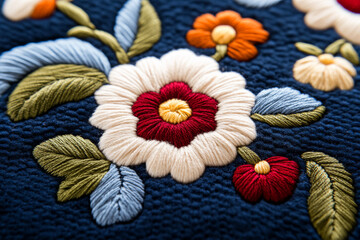 Close-up of colorful floral embroidery on fabric, showcasing intricate needlework perfect for Hispanic Heritage Month traditional crafts